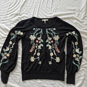 Maje Wool Black Crewneck Sweater with Multicolor Floral Embroidery